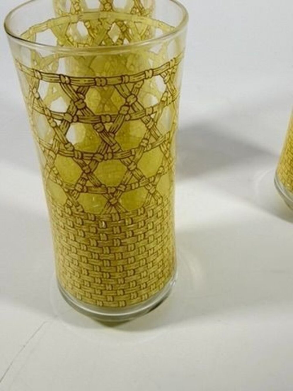 Drinking Ice Tea Water Glasses Set 3 Libbey Woven Cane Rattan Bamboo Vintage - Picture 6 of 14